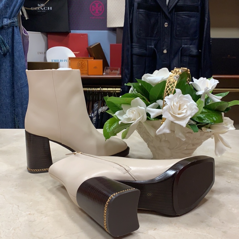 TORY BURCH PLATFORM CHAIN INLAY HEEL BOOTS MINIMAL AESTHETIC CREAM SZ US 8 & 9 - Picture 5 of 12